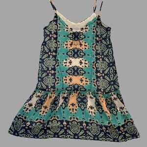 GRAY Saks Fifth Avenue Boho Sundress XS Teal Navy Medallion Drop Waist